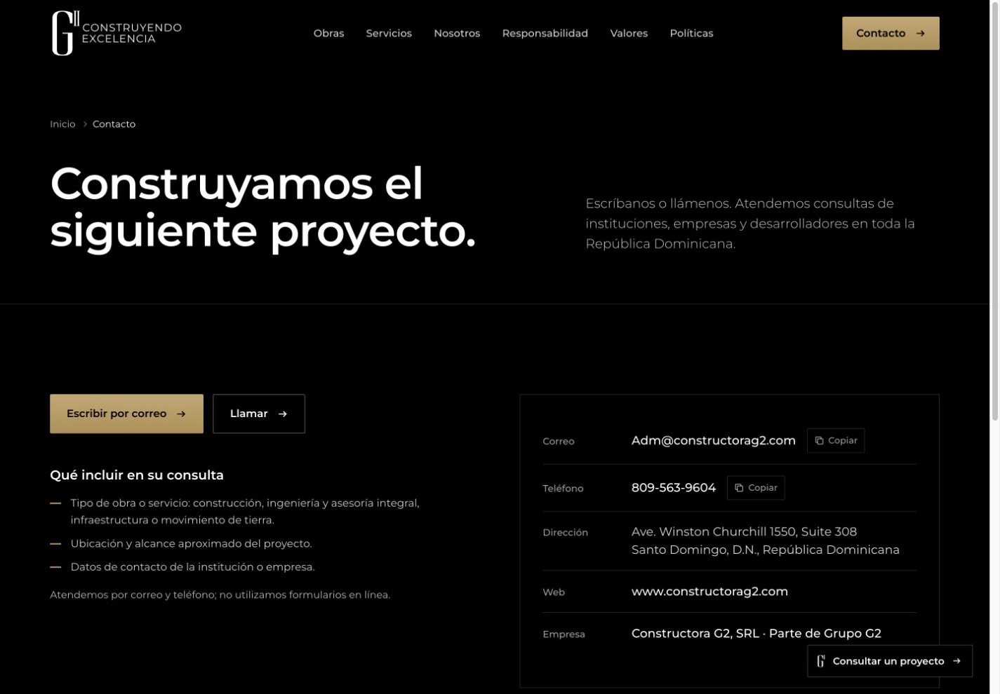 Constructora G2 — Contacto · opciones de consulta y datos de la empresa.