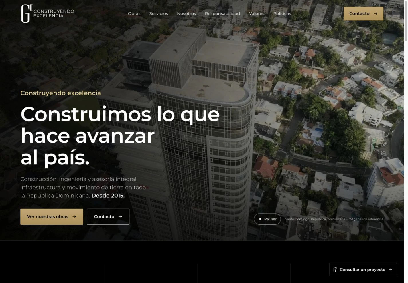 Constructora G2 — Inicio · captura real de la versión v44 en revisión. El hero utiliza imágenes de referencia.