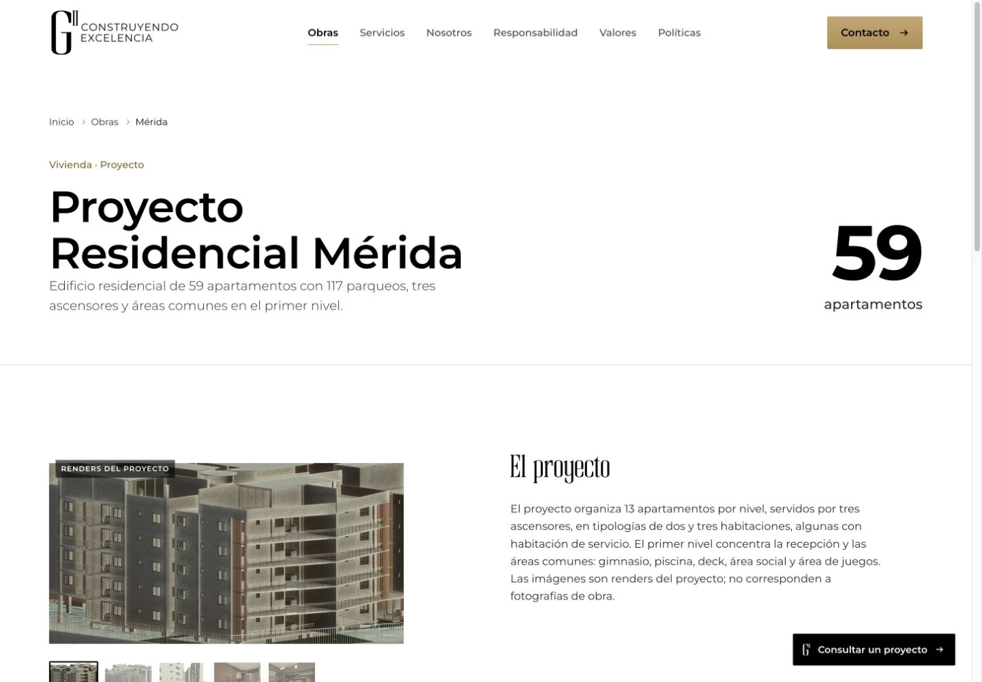 Constructora G2 — Ficha de Mérida · renders del proyecto identificados como tales.