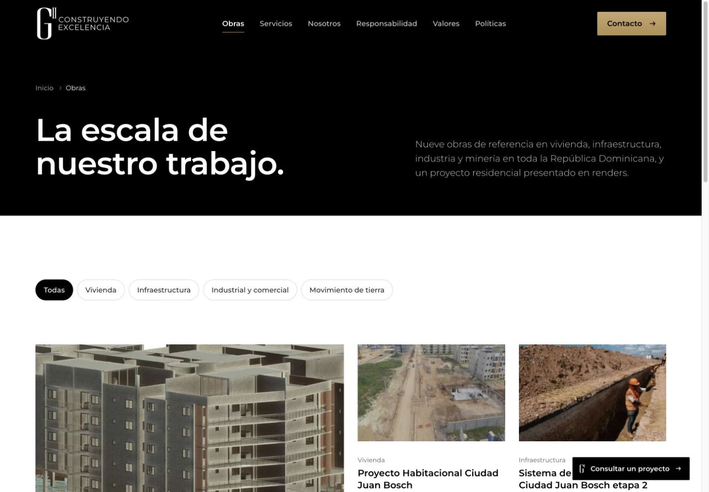 Catálogo de obras · filtros por tipo de proyecto.