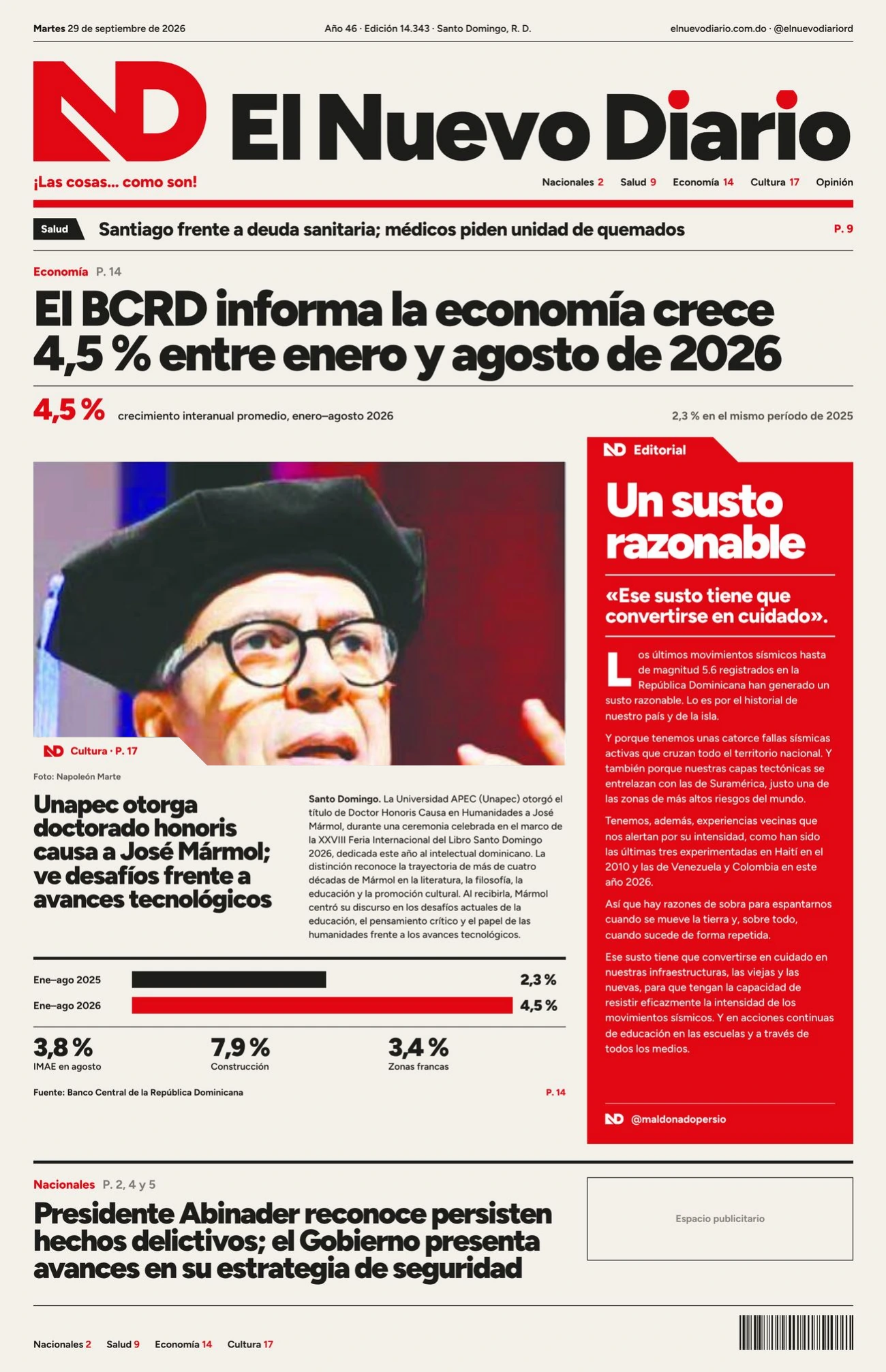 El Nuevo Diario — Maqueta de portada · contenido y titulares de demostración; no corresponde a una edición publicada.